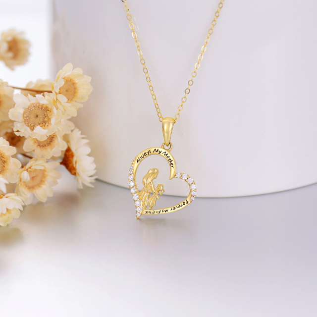14K Gold Cubic Zirconia Mother & Daughter Heart Pendant Necklace with Engraved Word-3