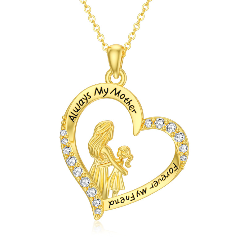 14K Gold Cubic Zirconia Mother & Daughter Heart Pendant Necklace with Engraved Word