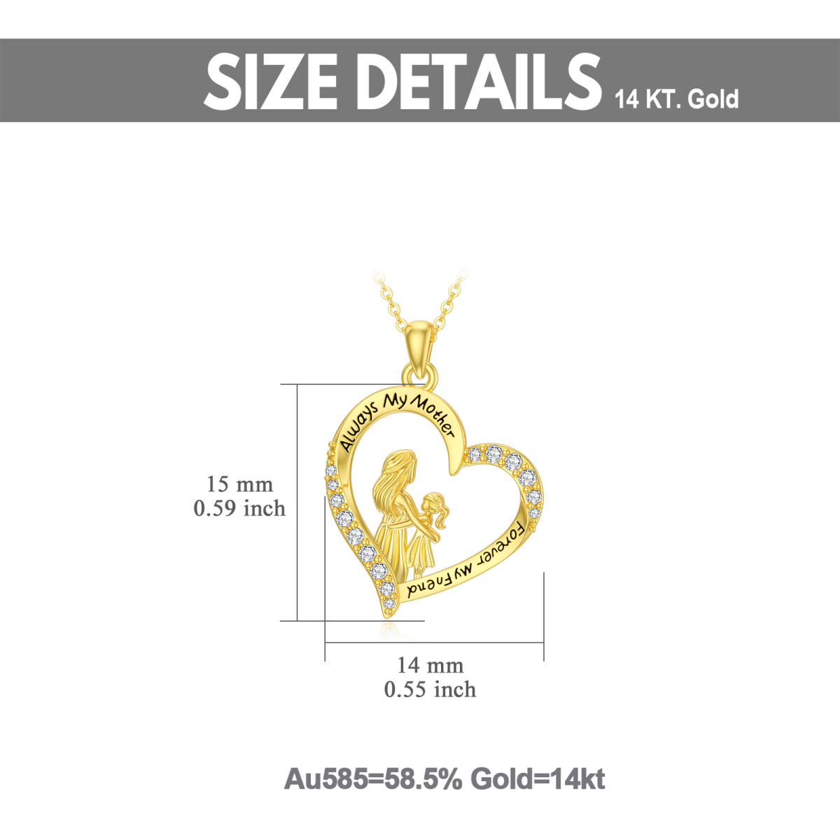 14K Gold Cubic Zirconia Mother & Daughter Heart Pendant Necklace with Engraved Word-5