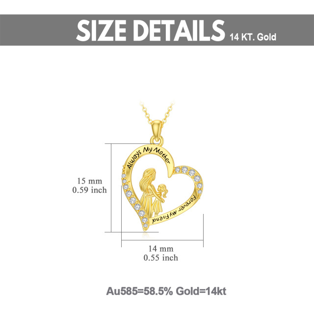 14K Gold Cubic Zirconia Mother & Daughter Heart Pendant Necklace with Engraved Word-4