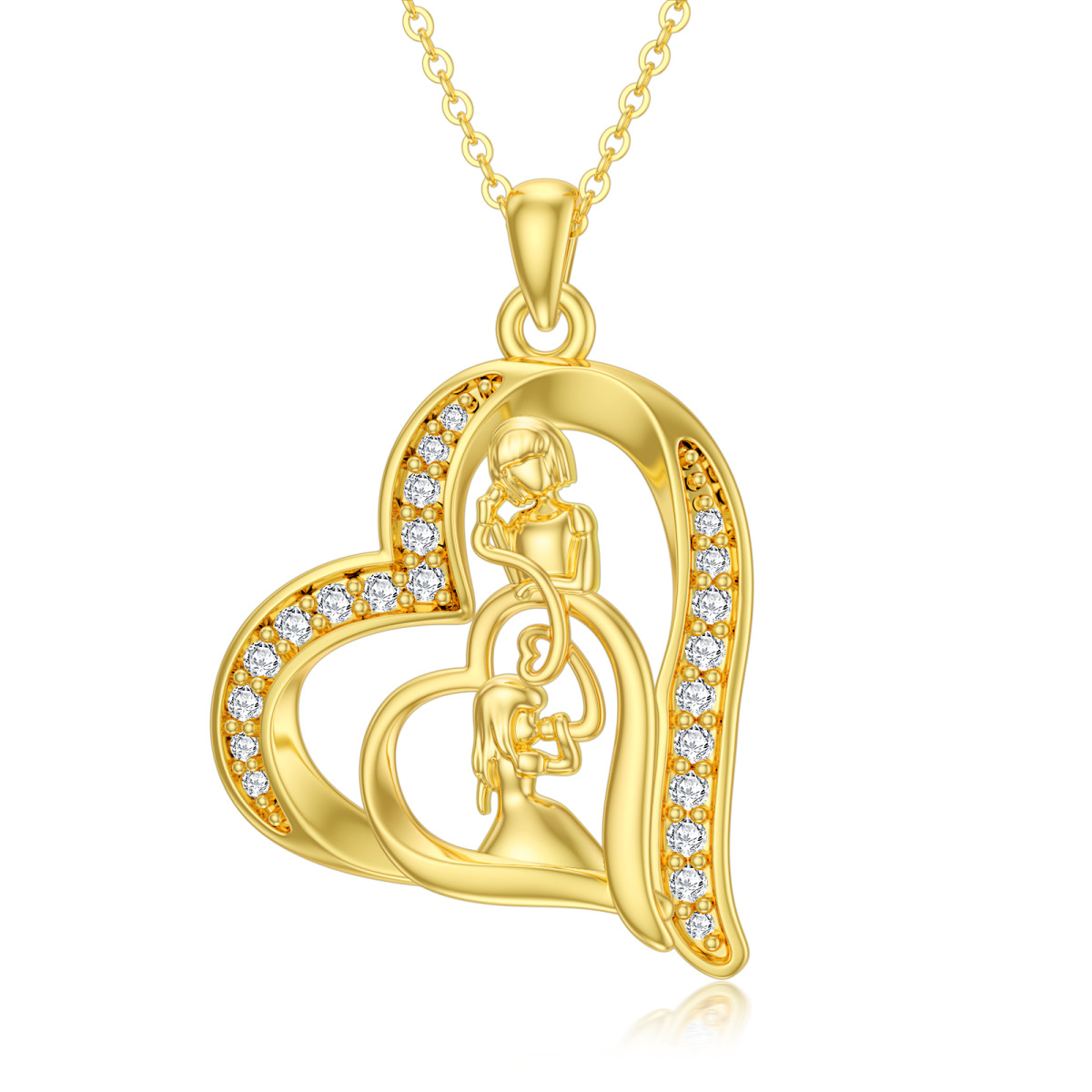 14K Gold Cubic Zirkonia Mutter & Tochter Herz-Anhänger Halskette-1