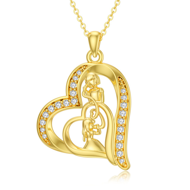 14K Gold Cubic Zirconia Mother & Daughter Heart Pendant Necklace-0
