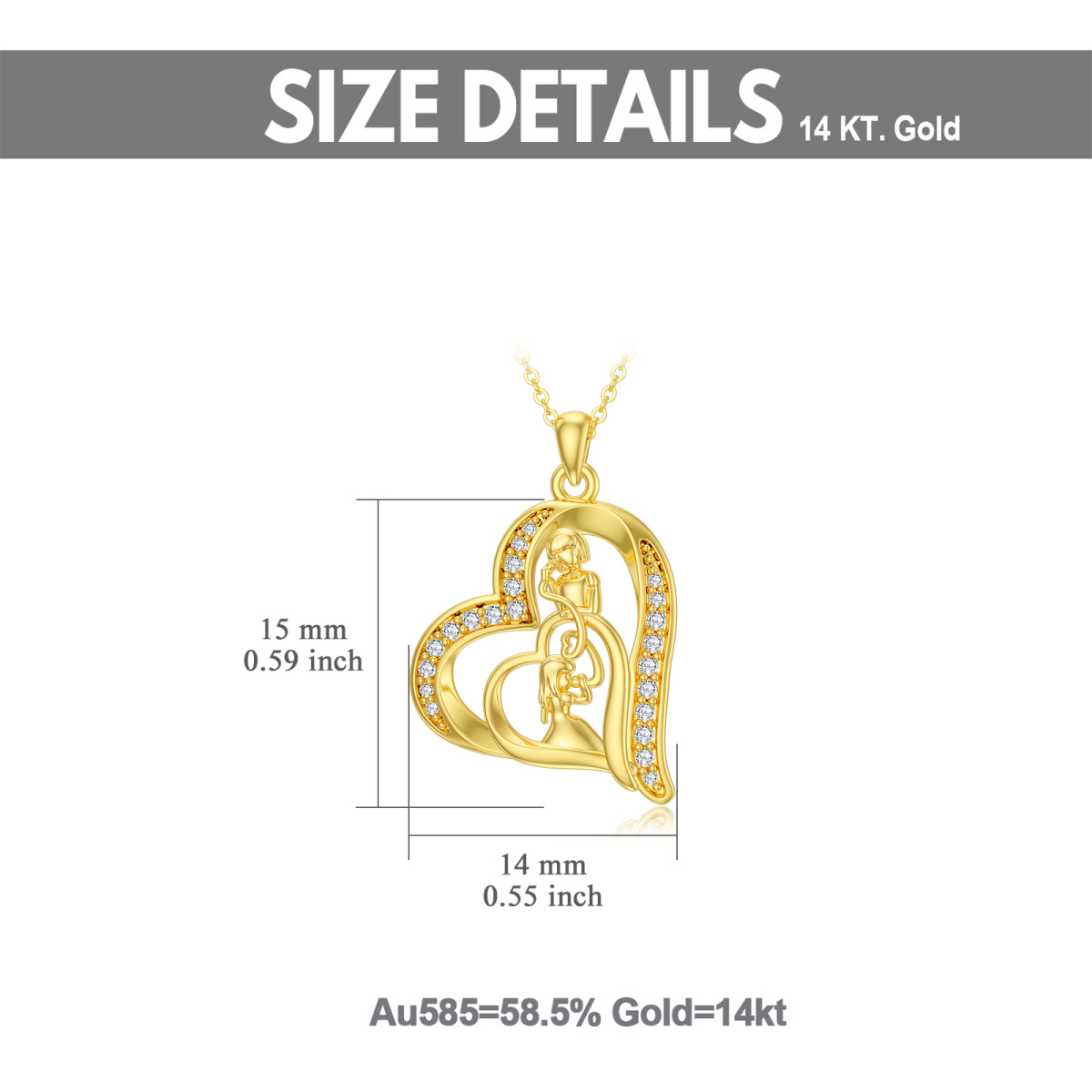 14K Gold Cubic Zirkonia Mutter & Tochter Herz-Anhänger Halskette-5