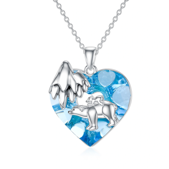 Sterling Silver Bear & Heart Crystal Pendant Necklace