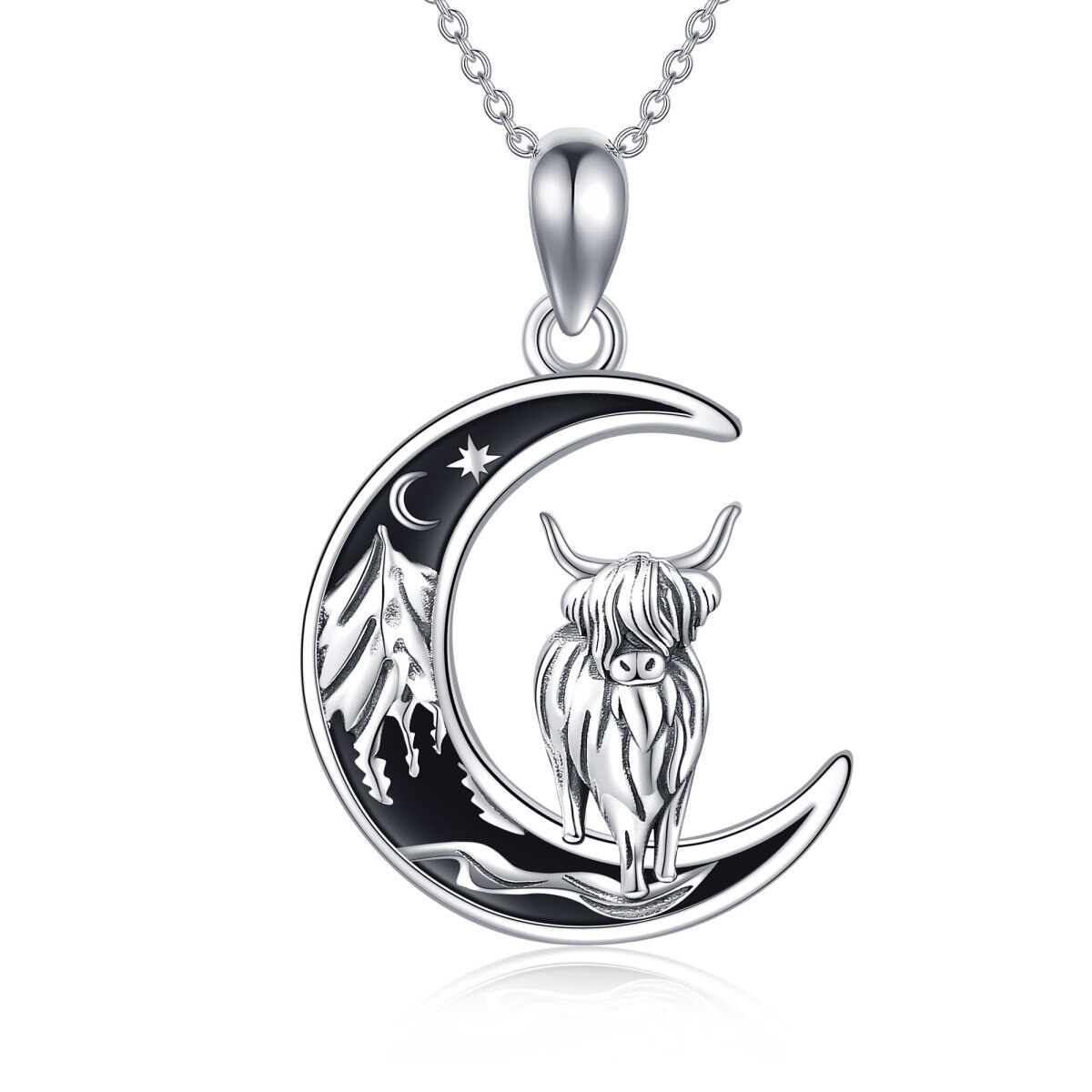 Sterling Silver Cow & Moon & Mountains Pendant Necklace-1