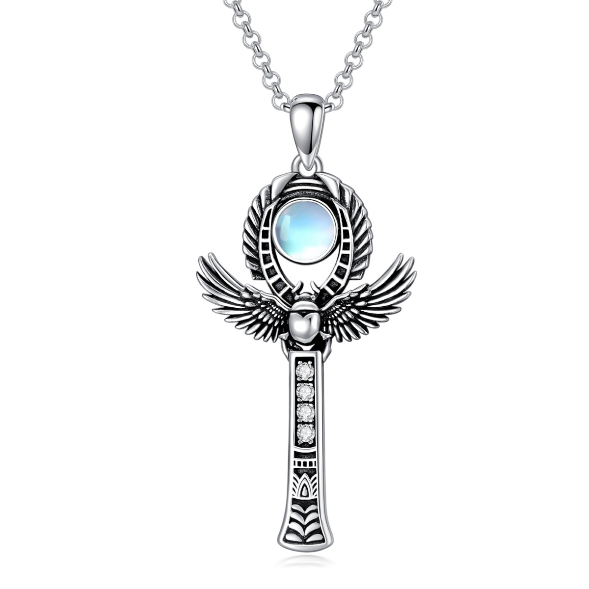 Sterling Silver Circular Shaped Moonstone & Cubic Zirconia Angel Wings Pendant Necklace-1