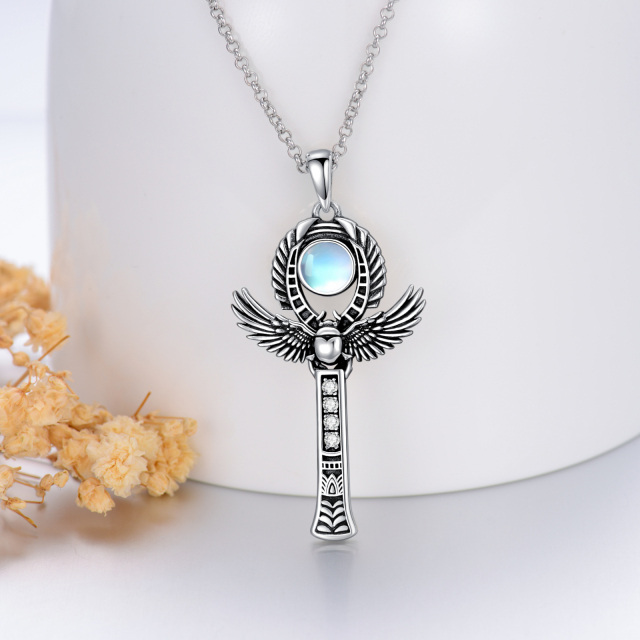 Sterling Silver Circular Shaped Moonstone & Cubic Zirconia Angel Wings Pendant Necklace-2