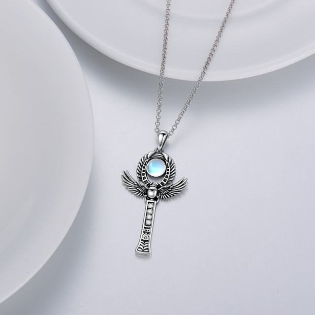 Sterling Silver Circular Shaped Moonstone & Cubic Zirconia Angel Wings Pendant Necklace-3