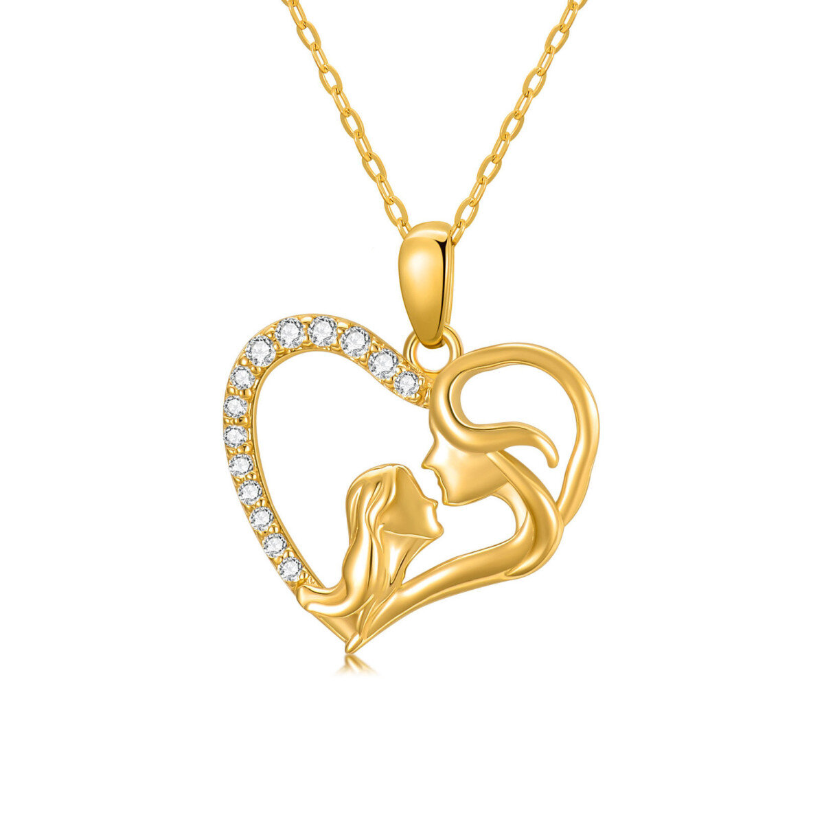 14K Gold Cubic Zirconia Mother & Daughter Contour Heart Pendant Necklace-1