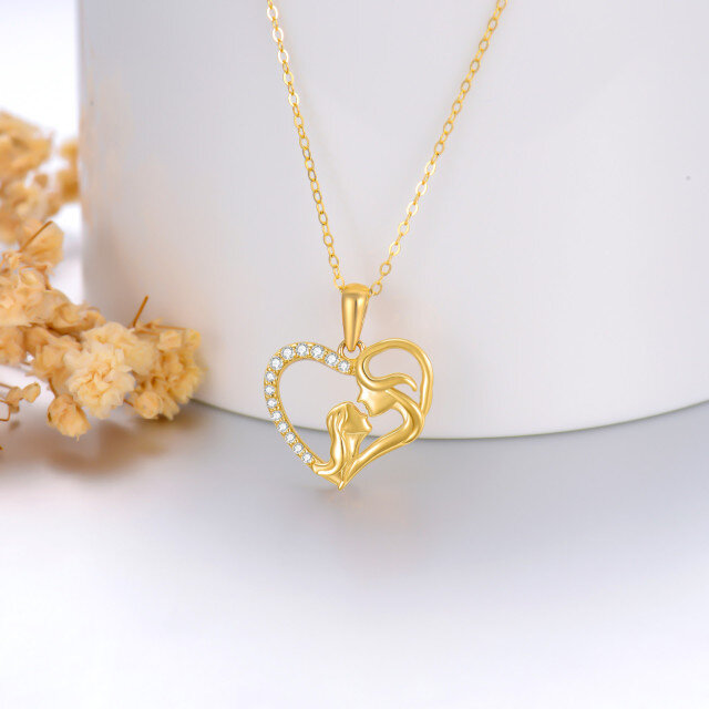 14K Gold Cubic Zirconia Mother & Daughter Contour Heart Pendant Necklace-2