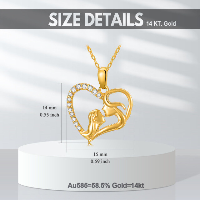 Colar com pingente de coração com contorno de mãe e filha em ouro cubico 14K-4