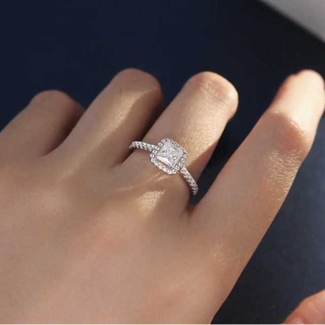 Sterling Silver Princess-square Shaped Moissanite Personalized Engraving Engagement Ring-1