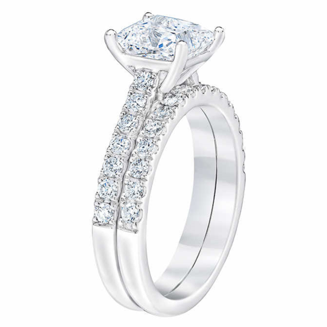 Sterling Silver Princess-square Shaped Moissanite Personalized Engraving Engagement Ring-2