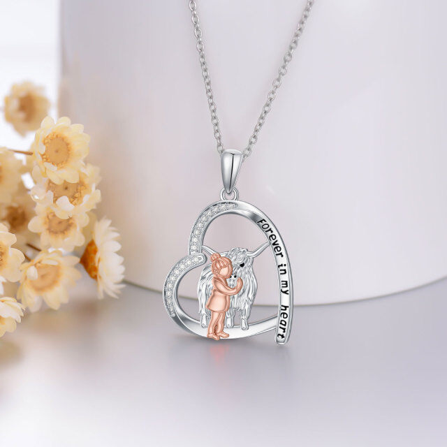 Sterling Silver Two-tone Round Zircon Highland Cow Pendant Necklace with Engraved Word-3
