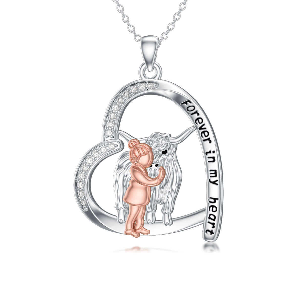 Sterling Silver Two-tone Round Zircon Highland Cow Pendant Necklace with Engraved Word-1