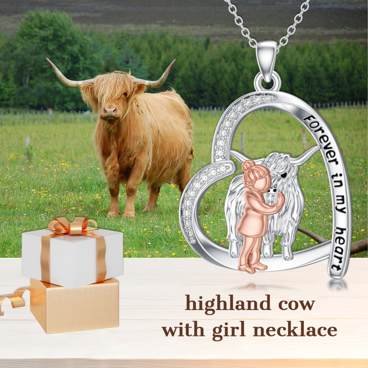 Collier en argent sterling avec pendentif vache Highland en zircon rond bicolore et mot gr-6