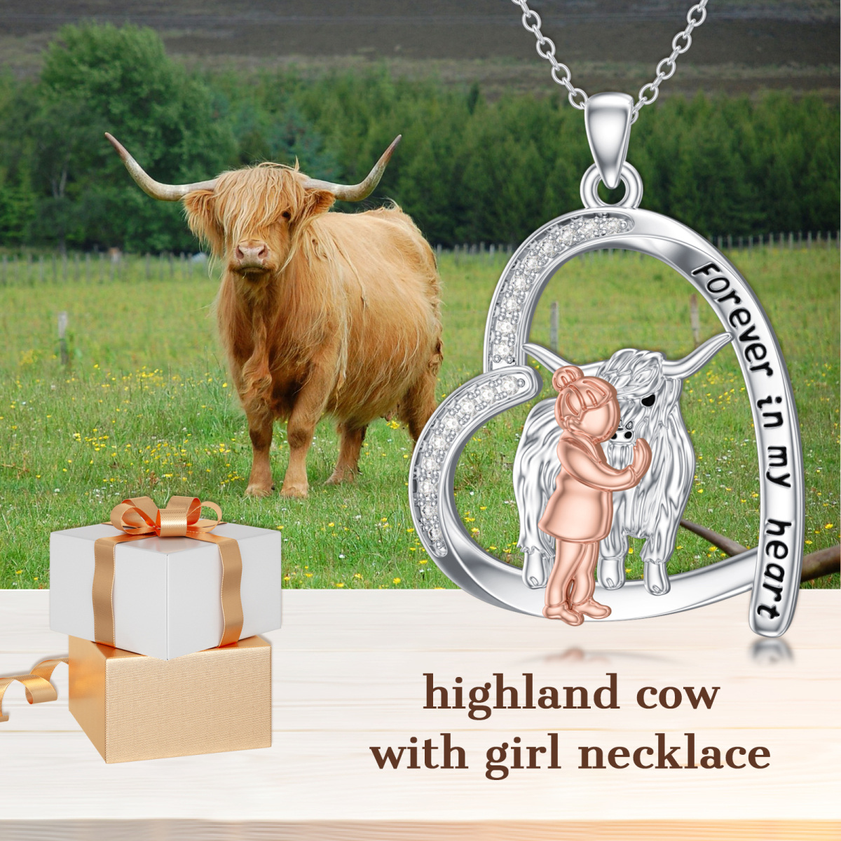 Sterling Silber zweifarbig rund Zirkon Highland Cow Anhänger Halskette mit eingraviertem W-6