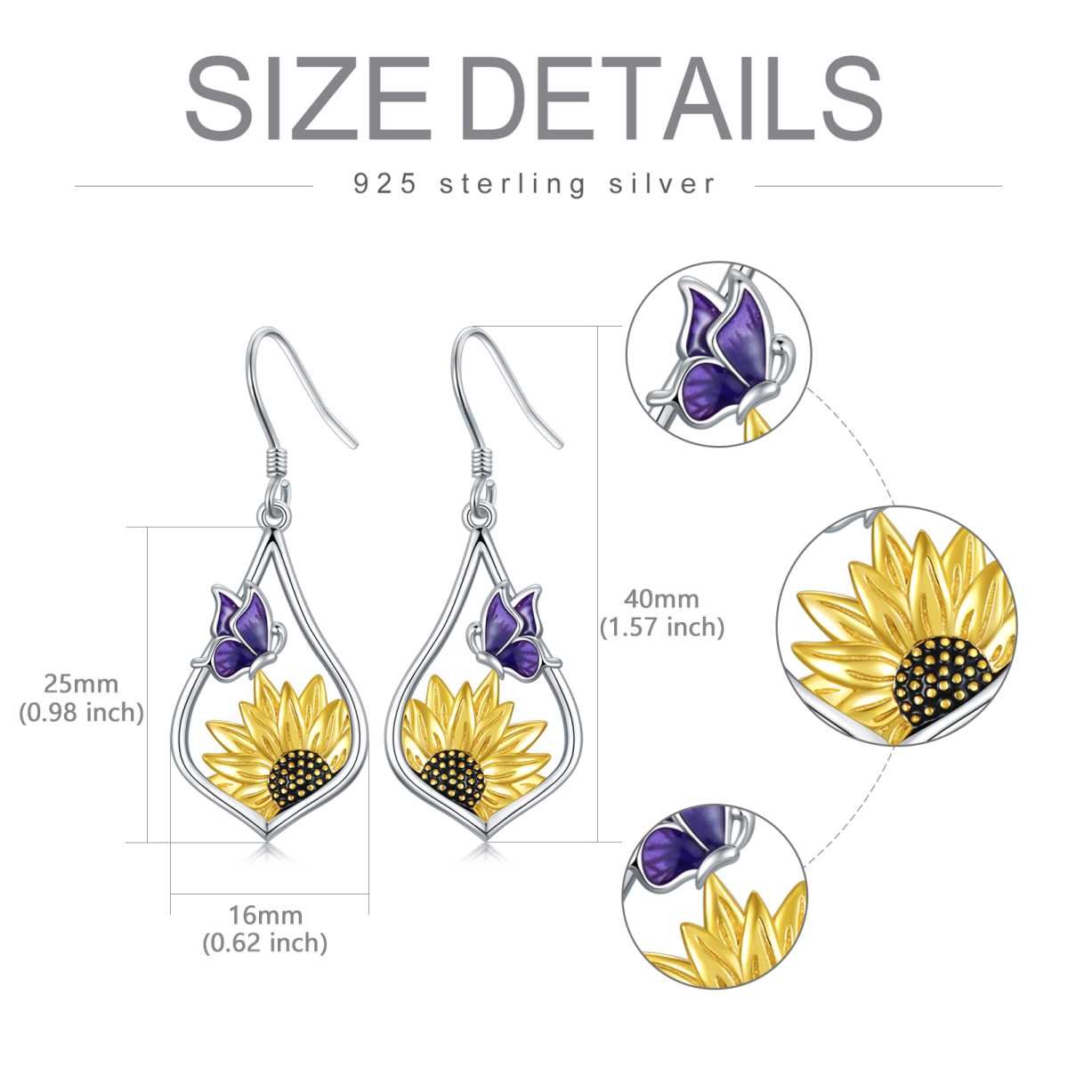 Sterling Silver Two-tone Sunflower Drop Earrings-6