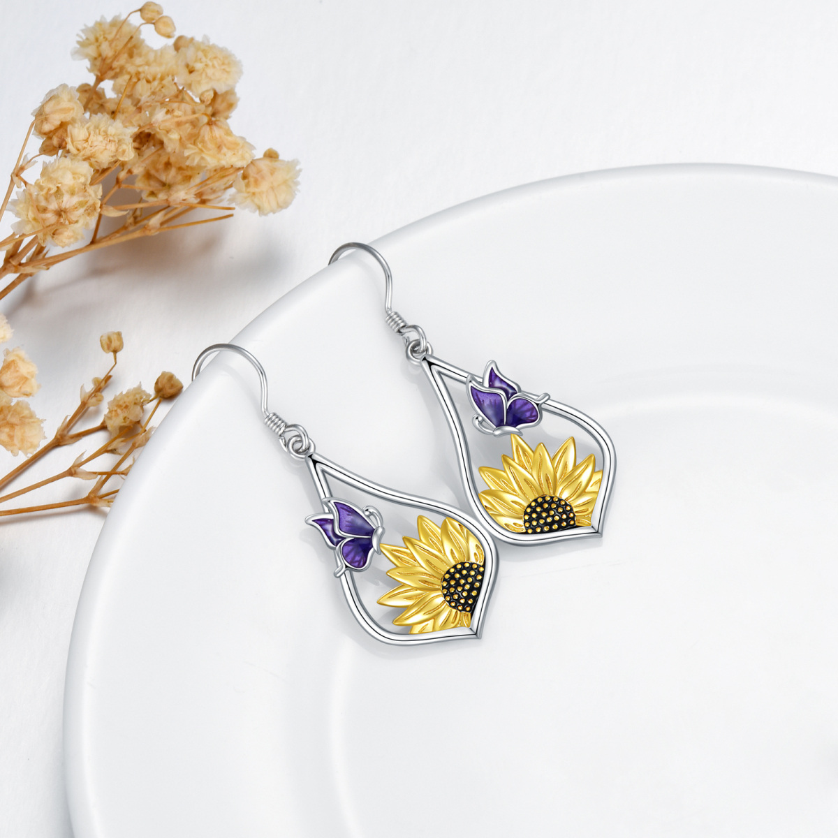 Sterling Silver Two-tone Sunflower Drop Earrings-3