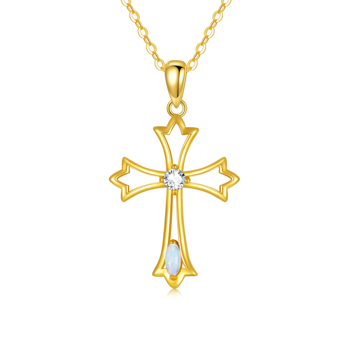 14K Gold Cubic Zirconia & Opal Cross Pendant Necklace-1