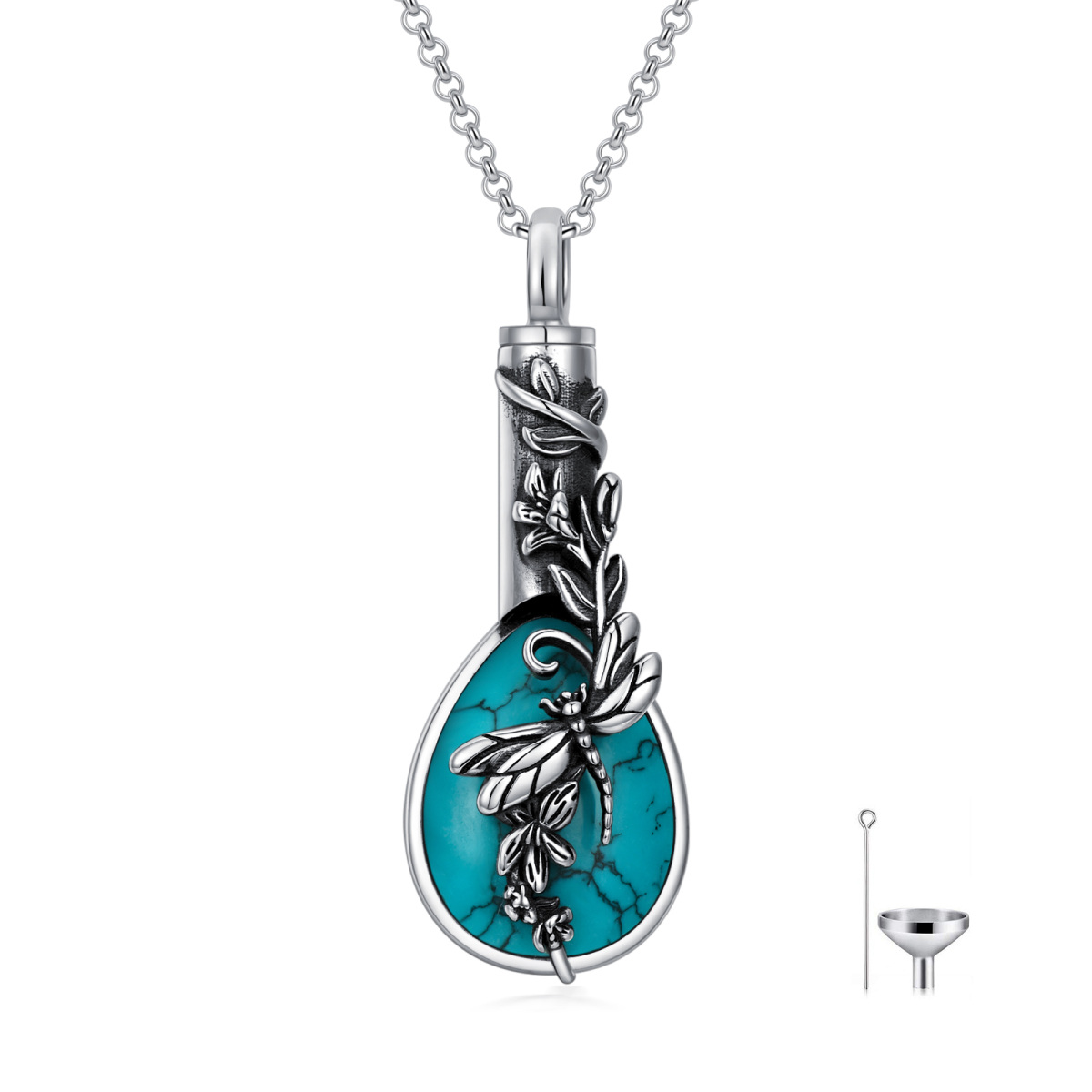 Collar urna libélula turquesa en forma de pera de plata de ley-1