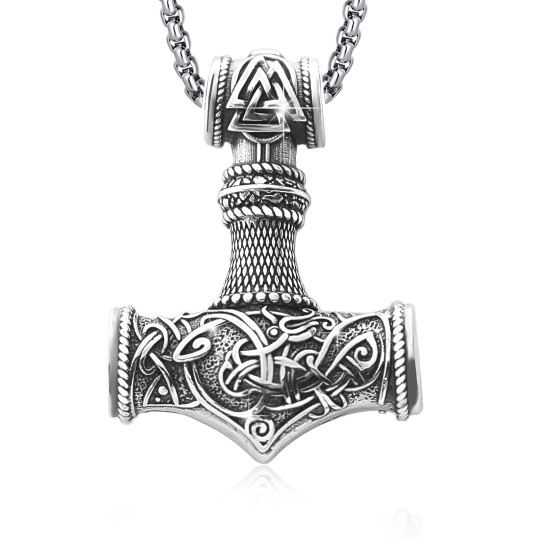 Collar de plata de ley 925 con martillo de Thor y colgante de lobo para hombre con cadena Rolo de 22, 2 pulgadas
