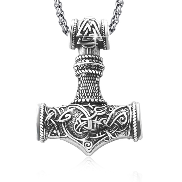 Sterling Silber Thor's Hammer Anhänger Halskette mit Seilkette für Männer-0