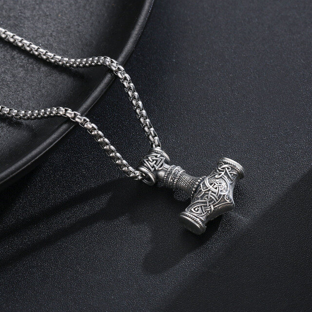 Sterling Silver Thor's Hammer Pendant Necklace with Rope Chain for Men-3