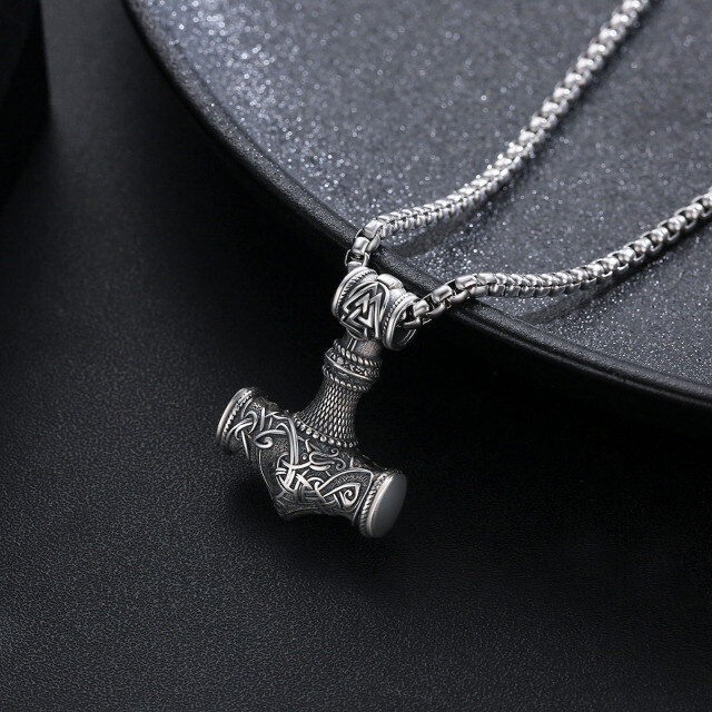 Sterling Silver Thor's Hammer Pendant Necklace with Rope Chain for Men-2