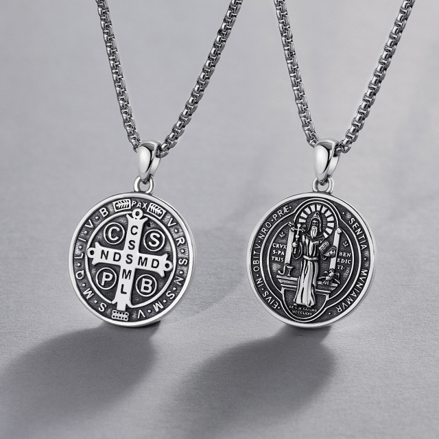 Sterling Silver Saint Benedict Pendant Necklace for Men-3