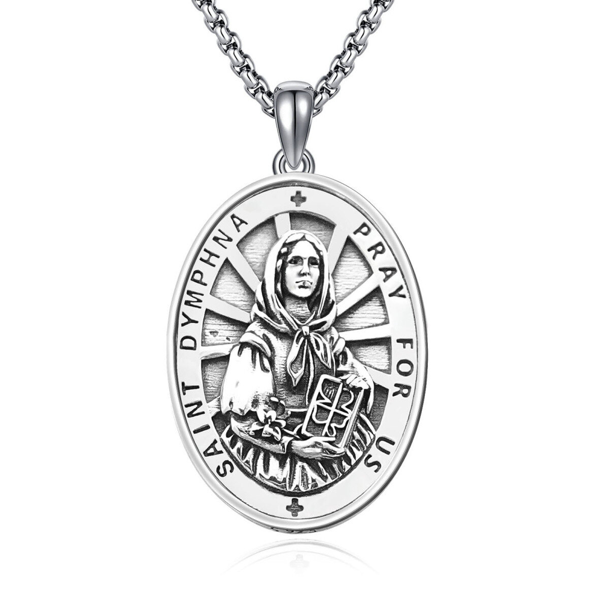 Sterling Silber Saint Dymphna Anhänger Halskette mit eingraviertem Wort-1