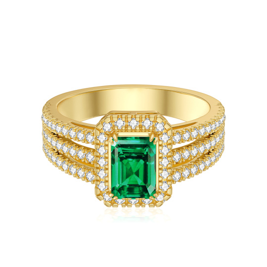 Aliança de casamento com diamante e esmeralda em formato de princesa em ouro 10K