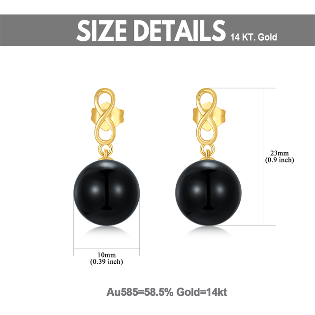 14K Solid Yellow Gold 10mm Genuine Black Onyx Ball Dangle Drop Infinity Studs Earrings-1