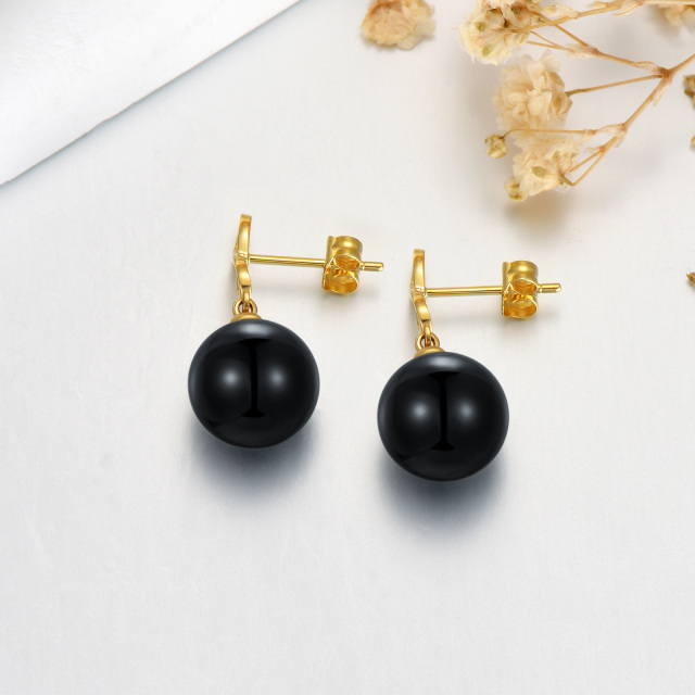 14K Solid Yellow Gold 10mm Genuine Black Onyx Ball Dangle Drop Infinity Studs Earrings-3