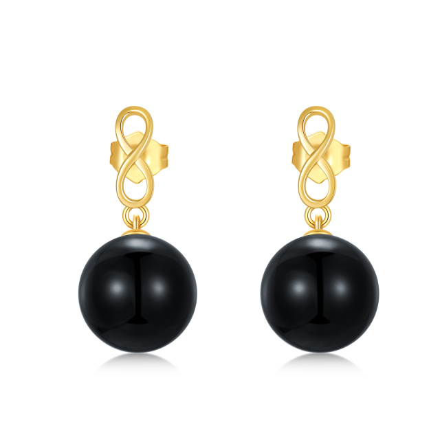 14K Solid Yellow Gold 10mm Genuine Black Onyx Ball Dangle Drop Infinity Studs Earrings-0