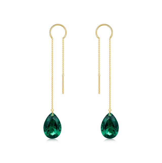 14K Gold Emerald Drop Shape Drop Earrings-2