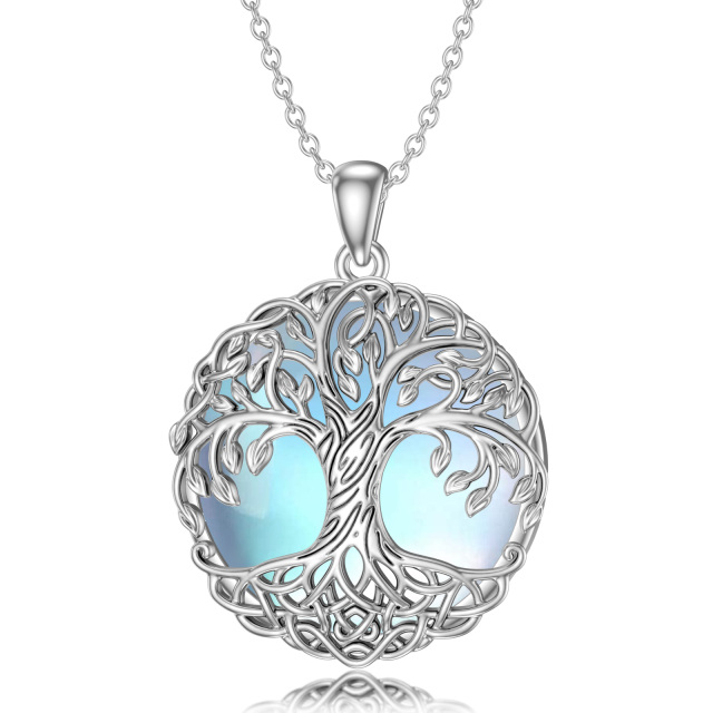 Sterling Silver Moonstone Tree Of Life & Celtic Knot Pendant Necklace-0