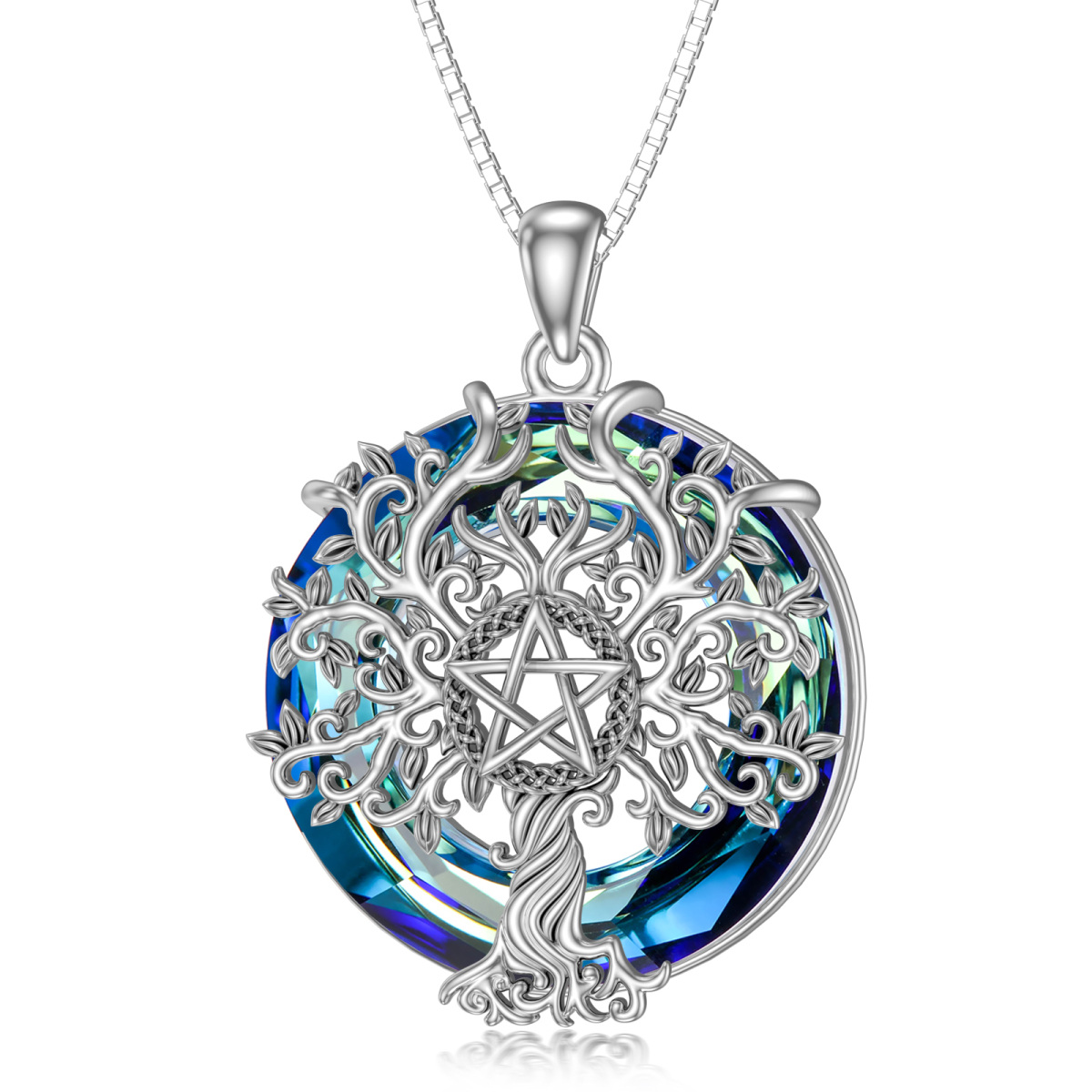 Sterling Silver Tree Of Life Pentagram Celtic Knot Crystal Pendant Necklace-1