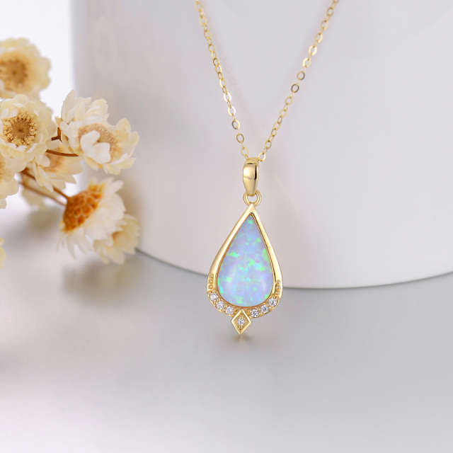 14K Gold Diamond Drop Shape Pendant Necklace with Tear Shaped Opal-2