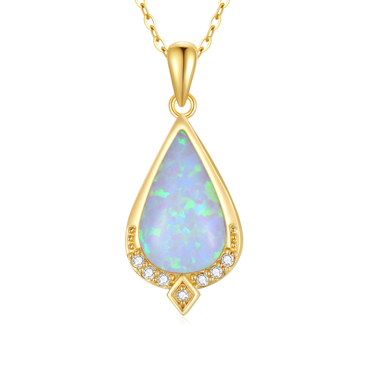 14K Gold Diamond Drop Shape Pendant Necklace with Tear Shaped Opal-1