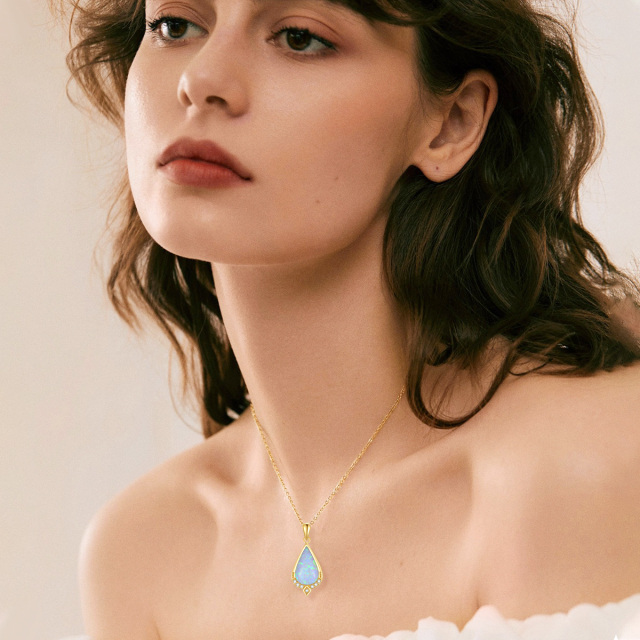 14K Gold Diamond Drop Shape Pendant Necklace with Tear Shaped Opal-1