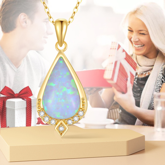 14K Gold Diamond Drop Shape Pendant Necklace with Tear Shaped Opal-4