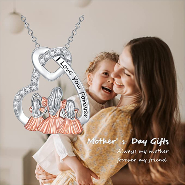 Sterling Silver Two-tone Cubic Zirconia Mother & Daughter Heart Pendant Necklace with Engraved Word-2