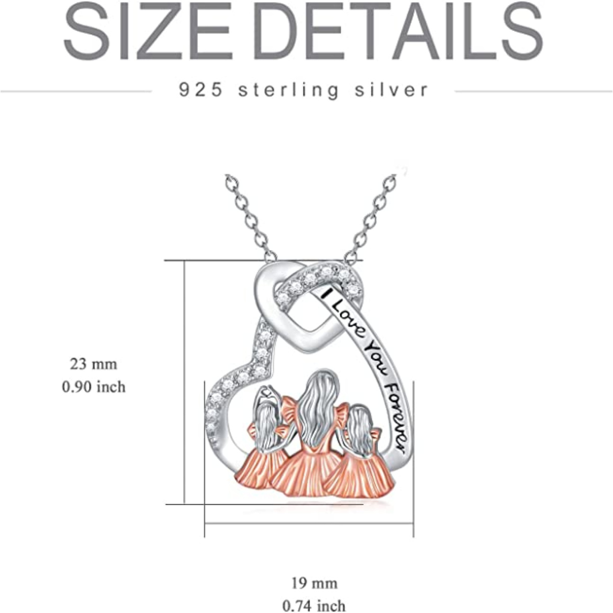 Sterling Silver Two-tone Cubic Zirconia Mother & Daughter Heart Pendant Necklace with Engraved Word-6