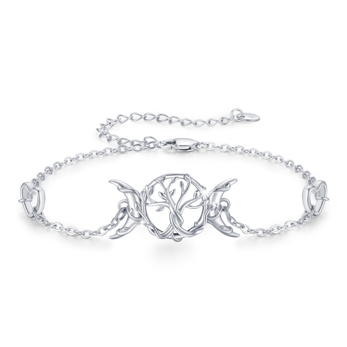 Sterling Silver Tree Of Life & Heart & Moon Pendant Bracelet-1