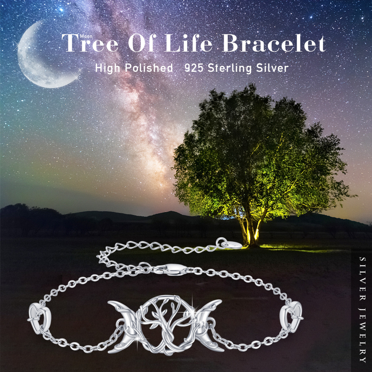 Bracelet en argent sterling avec pendentif arbre de vie, coeur et lune-3