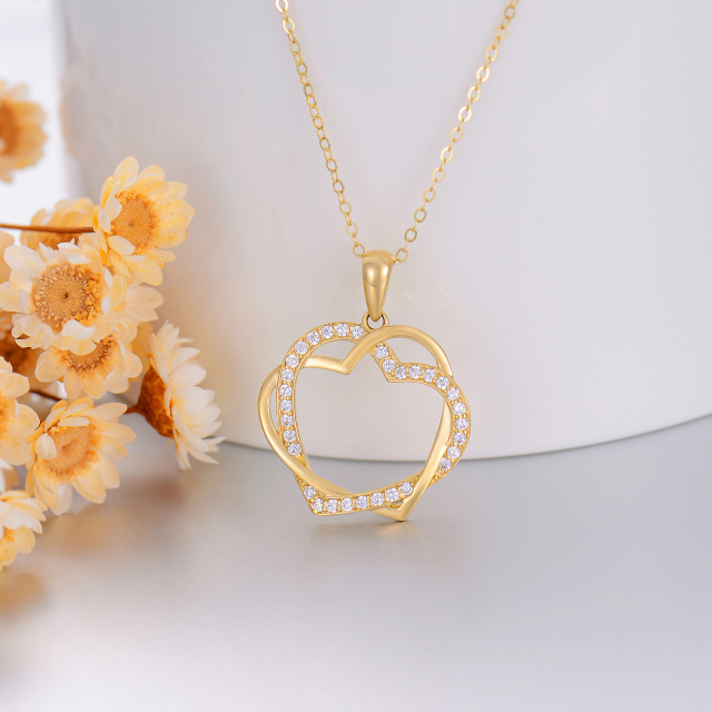 14K Gold Cubic Zirconia Heart With Heart Pendant Necklace-5