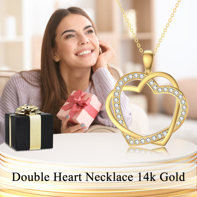 14K Gold Cubic Zirconia Heart With Heart Pendant Necklace-3