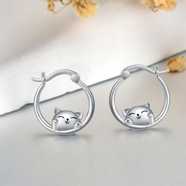 Sterling Silver Lucky Cat Hoop Earrings-3