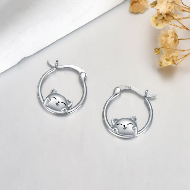 Sterling Silver Lucky Cat Hoop Earrings-2